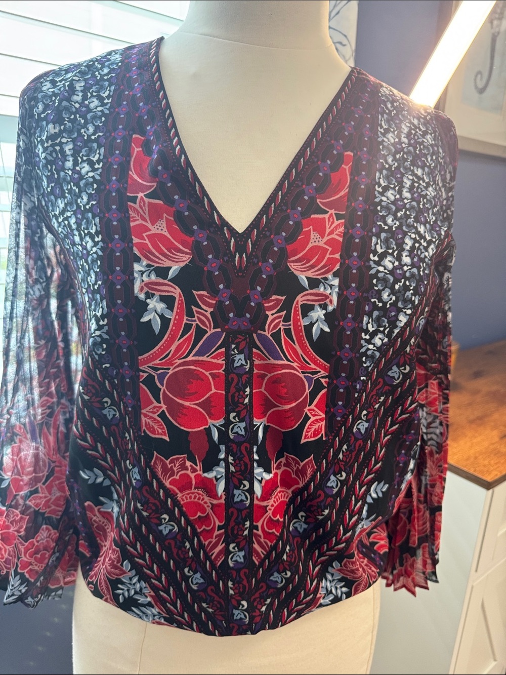 WHBM- Floral V-Neck Women’s Blouse in Red & Black